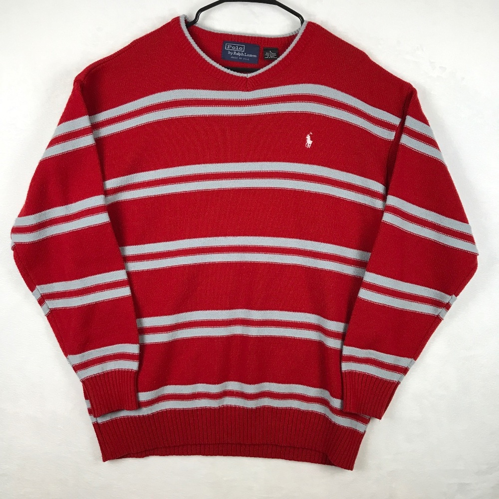 Polo Ralph Lauren Sweater Mens L Red Striped V Neck Knit Pullover 100% Acrylic